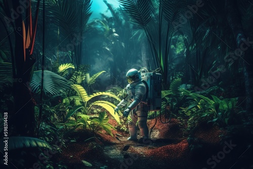 astronaut in dense jungle explores fauna, world knowledge concept. exploration, generative ai