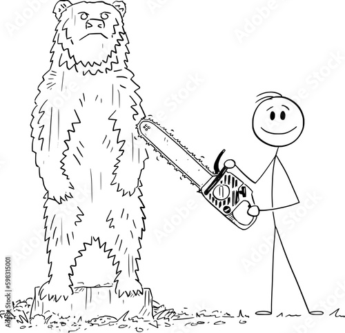 Woodcarver With Chainsaw Created Statue of Bear , Vector Cartoon Stick Figure Illustration
