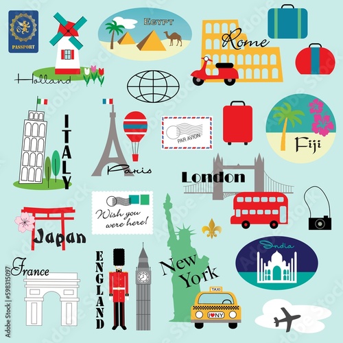 world travel luggage labels illustrations