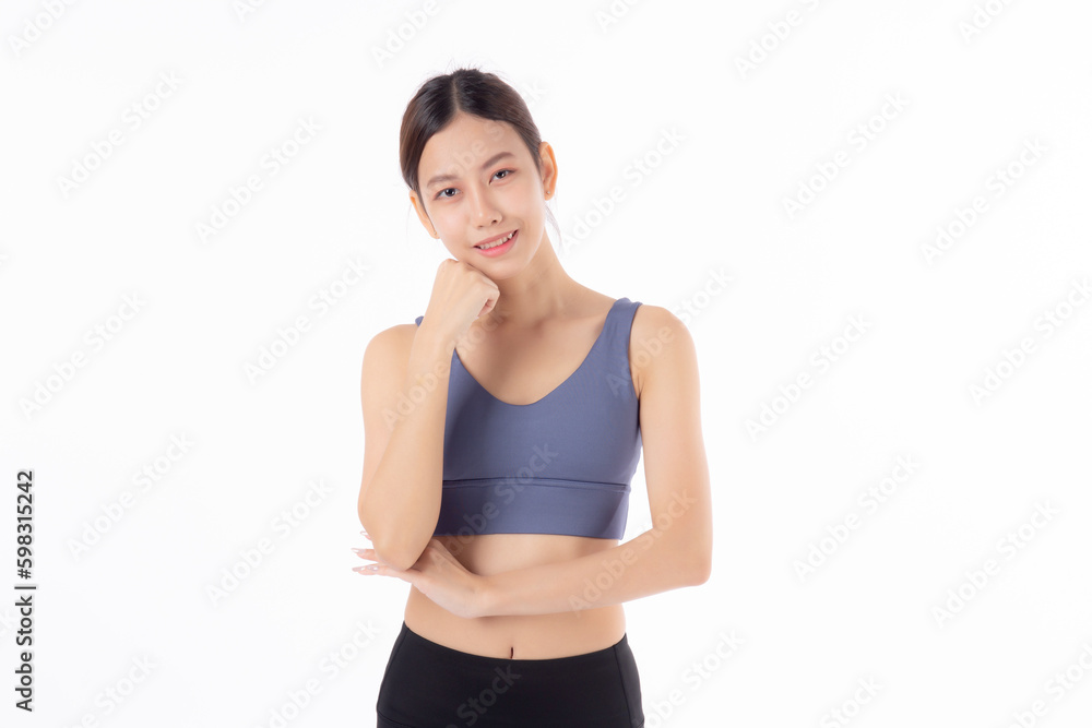 Portrait of beautiful young asian woman in sportwear smile and thinking isolated on white background, sport and exercise for health and weightloss, female and slimming with confident and wellness.