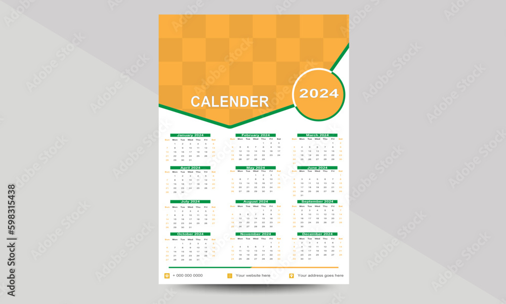 Digital Wall Calendar Design Template 2024 Stock Vector | Adobe Stock