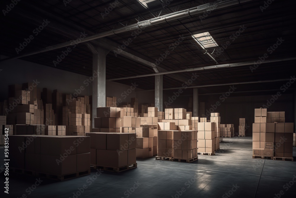 a large warehouse with boxes. Rows of shelves with goods boxes in modern industrial warehouse store at factory warehouse storage, generative ai a large warehouse with boxes. Rows of shelves with goods boxes in modern industrial warehouse store at factory warehouse storage, generative ai