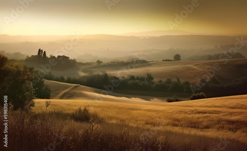 Fairytale, misty morning in the most picturesque part of Tuscany, val de orcia valleys. Background of tuscan landscape summer morning sunrise, in the style of light beige and amber, spatial. AI © Вячеслав Герц