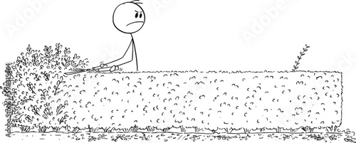 Gardener Trimming Hedge, But Made Mistake , Vector Cartoon Stick Figure Illustration