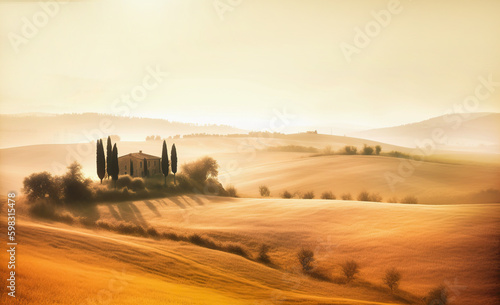 Fairytale, misty morning in the most picturesque part of Tuscany, val de orcia valleys. Background of tuscan landscape summer morning sunrise, in the style of light beige and amber, spatial. AI