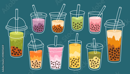 Bubble Milk Tea set. Milk tea with tapioca pearls. Boba tea. Asian Taiwanese drink. Hand drawn colored trendy vector.  Generative AI