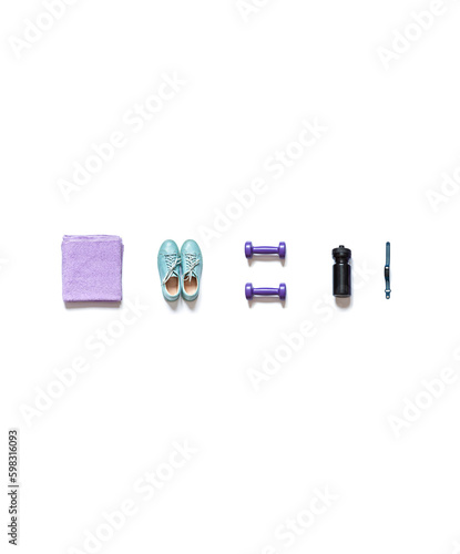 Sport flat lay with sportswear, a shaker, dumbbells on the white background. Home training concept top view.