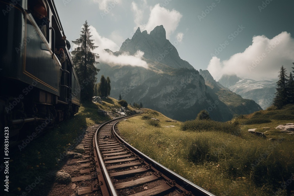 Scenic train journey in Switzerland. Generative AI