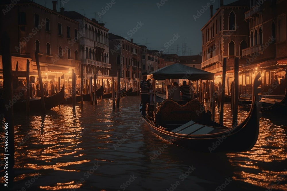 Evening gondola ride in historic Venice, Italy. Retro vibe with cool vintage style. Generative AI