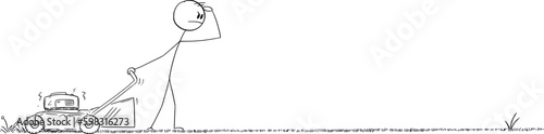 Gardener Moving or Cutting Grass With Lawn Mower, Vector Cartoon Stick Figure Illustration