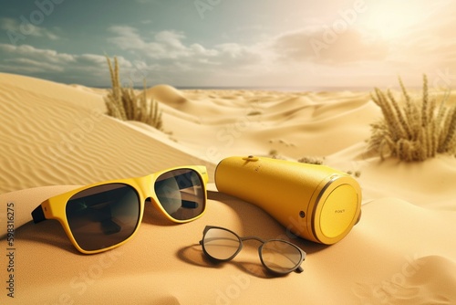 3D-rendered yellow banner featuring summer accessories on a sand island. Generative AI