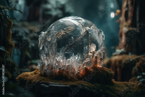 A magical world filled with fantasy, encased in a crystal rock. Generative AI