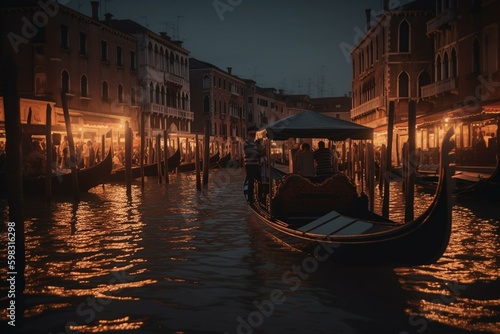 Evening gondola ride in historic Venice, Italy. Retro vibe with cool vintage style. Generative AI © Genevieve