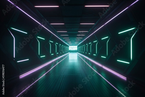A neon-lit tunnel with a long corridor leading to the end, set against a dark background. Generative AI