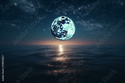 A stunning view of the full moon from Earth, overlooking the vast ocean and land below, adorned with twinkling stars. Generative AI