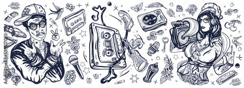 Hip hop music. Old school tattoo collection. Rap girl, swag woman, boom box. African American man rapper in baseball cap. Audio cassette, break dance. Tattooing musicalblack and white style