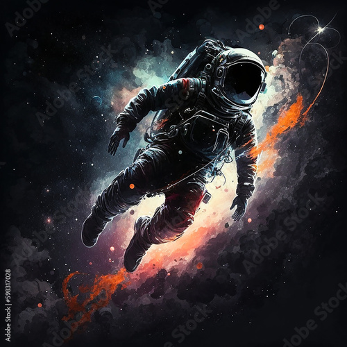Astronaut floating in space. Generative AI. A digital painting of a space suited astronaut floating in space.