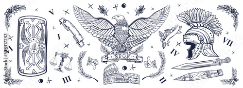 Ancient Rome. Old school tattoo collection. Roman eagle, spartan helmet, sword and shield, Colosseum. History of Italy. Traditional tattooing black and white style