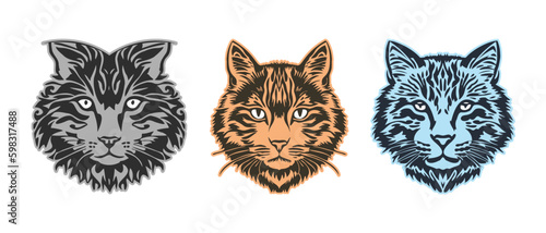 Vector set of colored simple graphic stencils of cute cat faces. White isolated background. Icons or stickers.