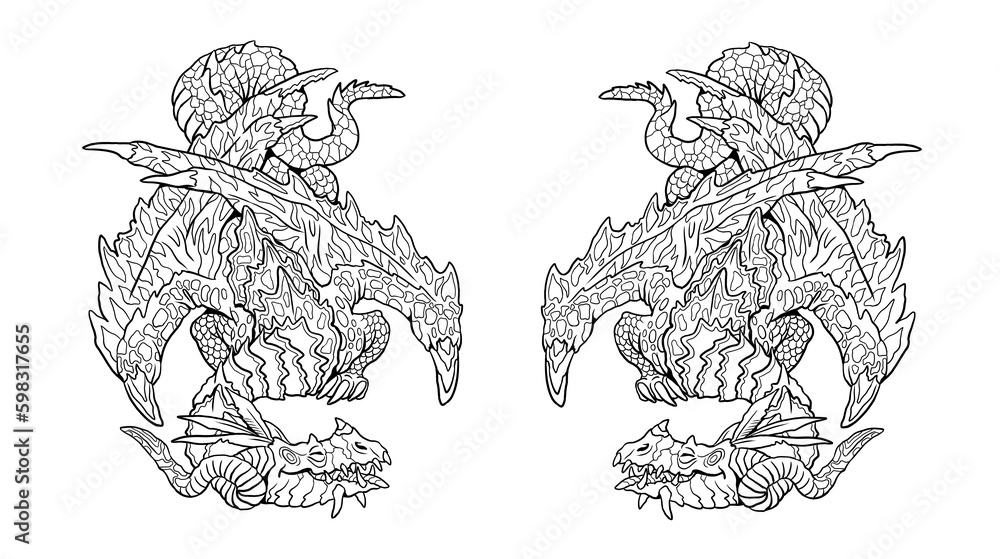 Sleeping dragon coloring page. Fantasy illustration with mythical