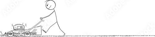 Gardener Moving or Cutting Grass With Lawn Mower, Vector Cartoon Stick Figure Illustration