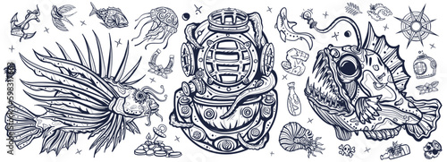 Underwater world. Scuba diver helmet, octopus kraken tentacles. Sea monsters. Angler fish, lionfish, jellyfish. Deep water. Treasures and life of ocean. Old school tattoo black and white style © intueri