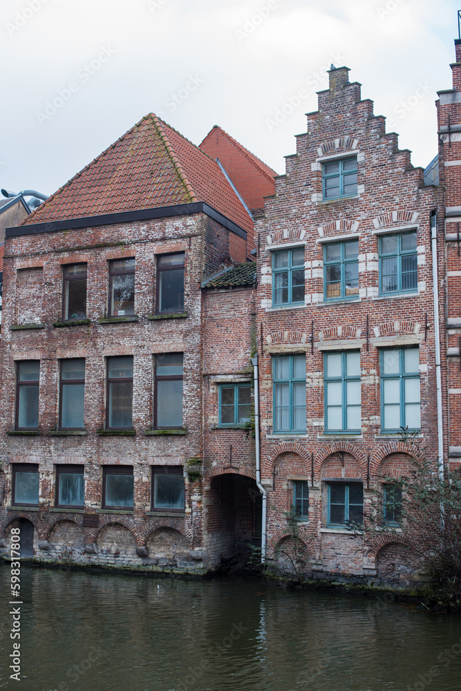 old stone houses on the canal in Belgium 