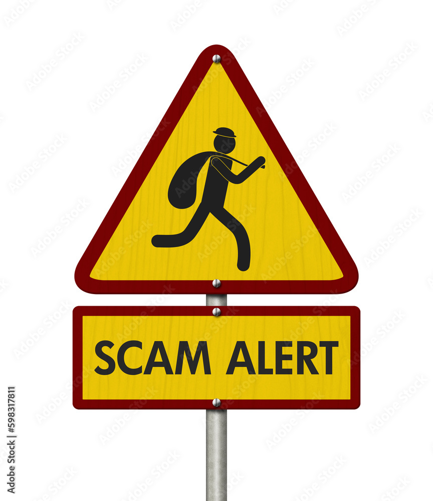 Scam Alert message on warning road sign isolated on white Scam Alert message on warning road sign isolated on white