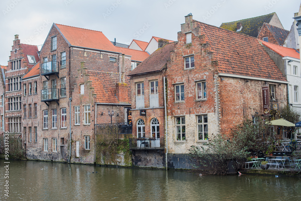 Naklejka premium old stone houses on the canal in Belgium 