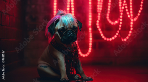 Pug dog looking seriously cool sporting a colorful rainbow cyber goth hairstyle wig, alternative canine pet portrait with jewelry, red nightclub backlight - Ai generated