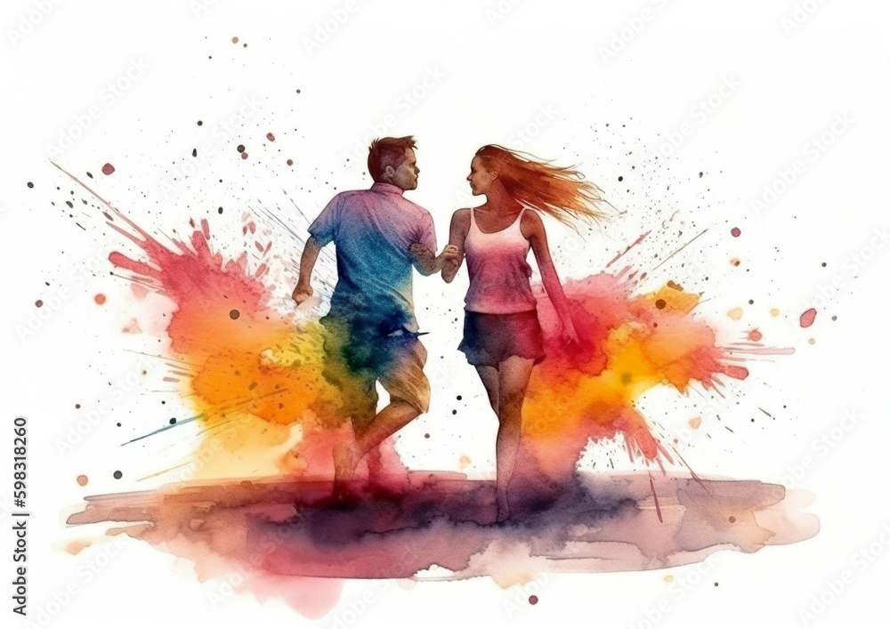 Loving couple on the beach happily running in the sea watercolour abstract design.A romantic honeymoon or valentines day on the beach concept with a touch of tropical romance.AI generated illustration