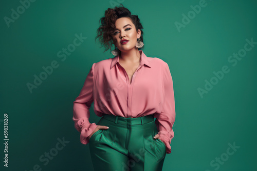 beautiful plus size woman with modern fashionable outfit in emerald and pink. generative ai