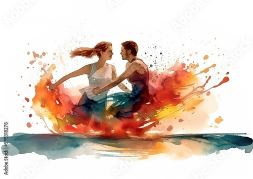 Loving couple on the beach happily running in the sea watercolour abstract design.A romantic honeymoon or valentines day on the beach concept with a touch of tropical romance.AI generated illustration