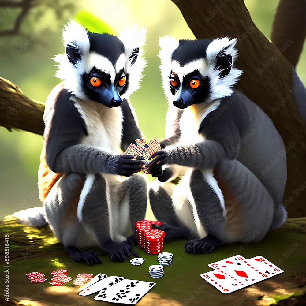 Two lemurs are playing cards on branch of a tree. Generative Aı illustration. Two lemurs are playing cards on branch of a tree. Generative Aı illustration.