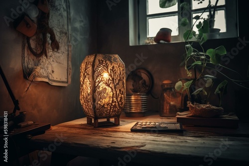 Organic lighting through recycled materials, represented by an eco lamp still life with technology. Generative AI