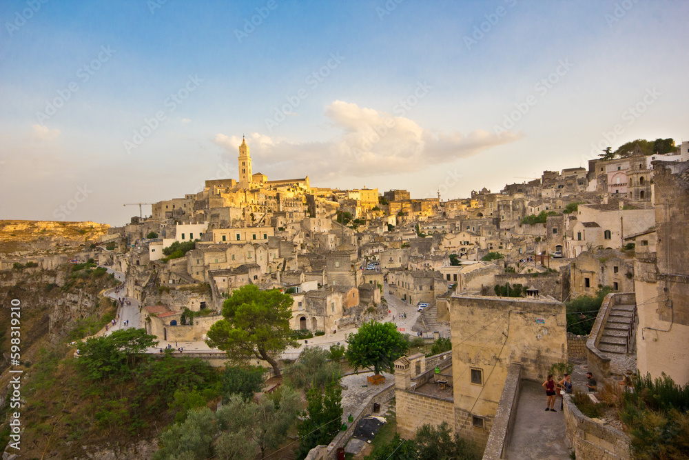 view of the ancient city of Matera in Basilicata in Italy made of rocks
