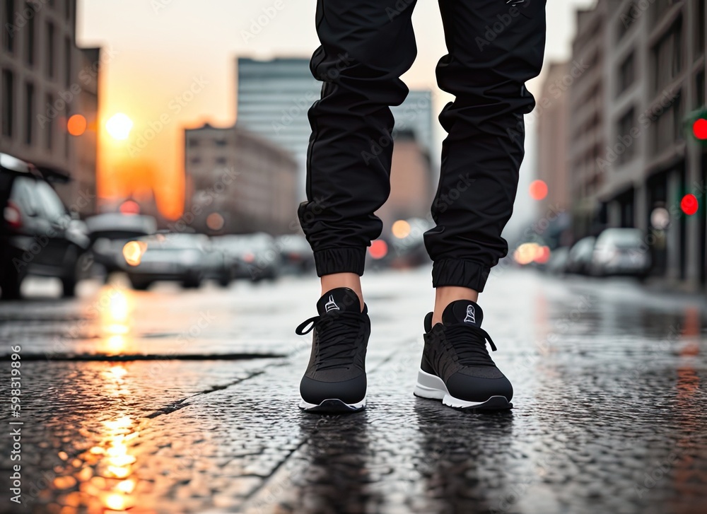 Fototapeta premium male legs in sneakers on the city street. Generative Ai