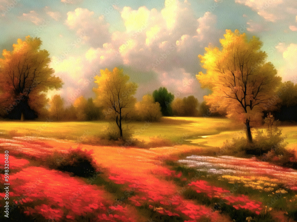 Beautiful nature landscape painting on paper canvas. Generative AI