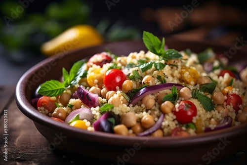 couscous salad with chickpeas, red onions, cherry tomatoes, and fresh herbs