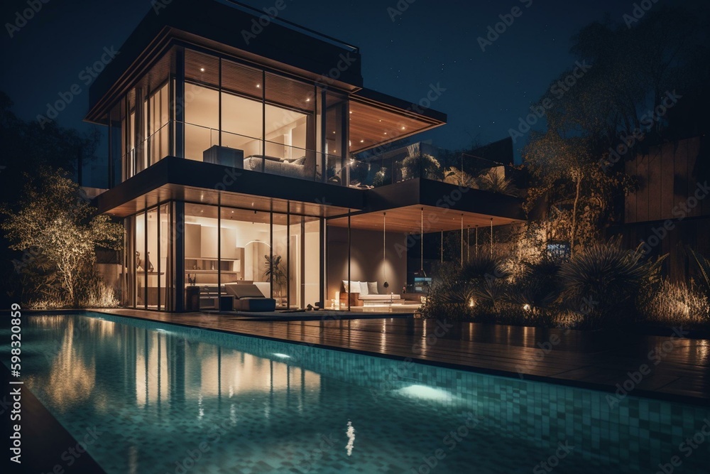 Stylish architect-designed modern house with pool and night illumination. Generative AI