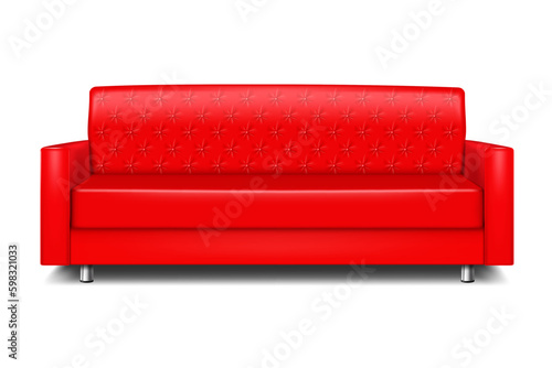 Color modern upholstered sofa. Red leather couch with metal legs. Realistic vector illustration
