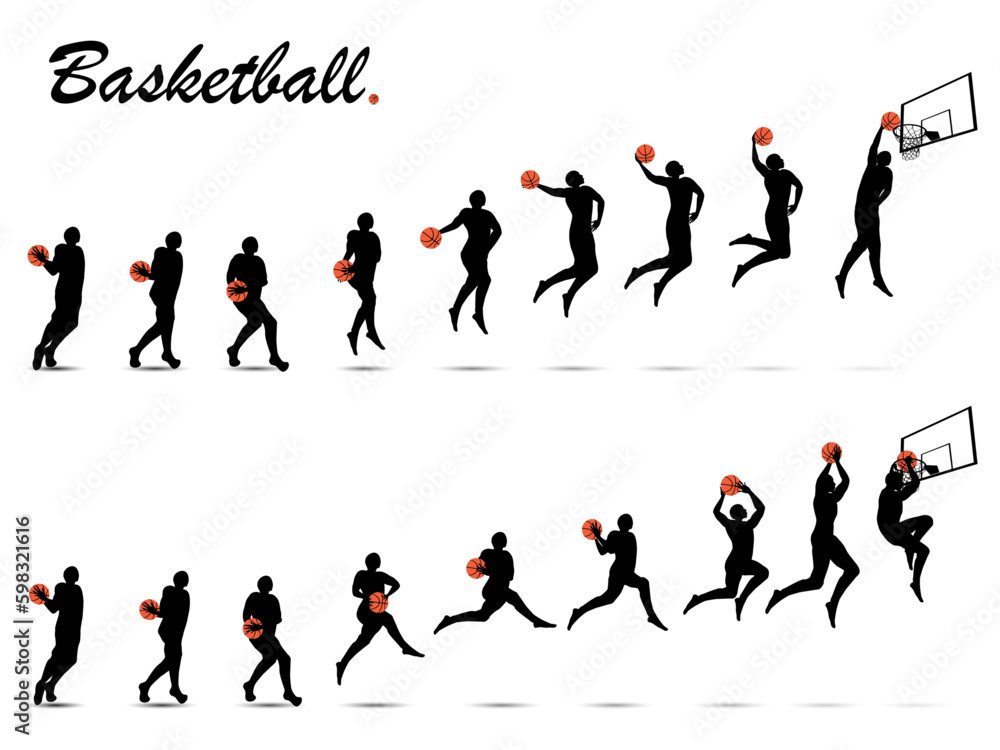 Visual drawing silhouettes of basketball game from start to finish collection,run and jump to finish winning ,healthy lifestyle and sport concepts,abstract black and white vector illustration set 1/2
