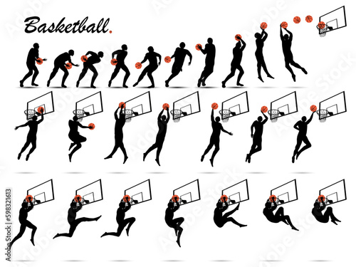 Visual drawing silhouettes of basketball game from start to finish collection,run and jump to finish winning ,healthy lifestyle and sport concepts,abstract black and white vector illustration set 2/2