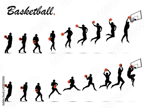 Visual drawing silhouettes of basketball game from start to finish collection run and jump to finish winning  healthy lifestyle and sport concepts abstract black and white vector illustration set 1 2