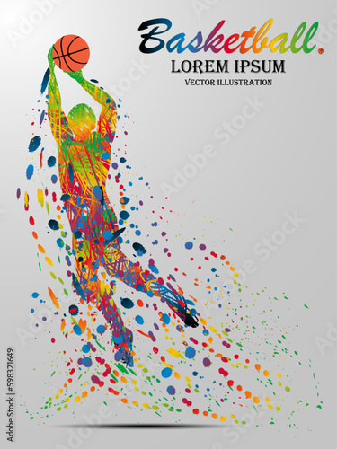 Visual drawing basketball sport and jumper at fast of speed on stadium , colorful beautiful design style on white background for vector illustration, exercise sport concept set 1 of 2