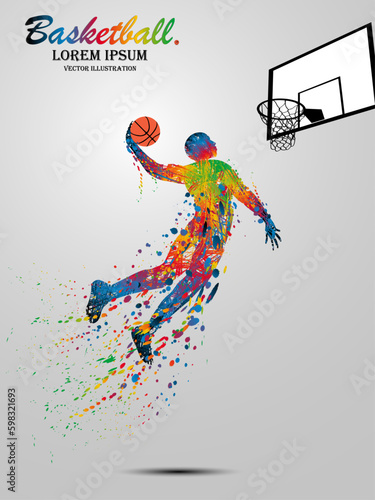 Visual drawing basketball sport and jumper at fast of speed on stadium , colorful beautiful design style on white background for vector illustration, exercise sport concept