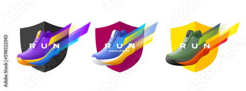 Set of marathon emblem badges with sneaker in dynamic running movement with stripes blur in motion