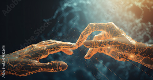 Hands touching each other over a blue background created with Generative AI technology