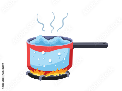 Boiling water in red pot pan on top of stove flames with smokes vector illustration isolated on white landscape horizontal background template. Simple flat art styled cooking themed drawing.