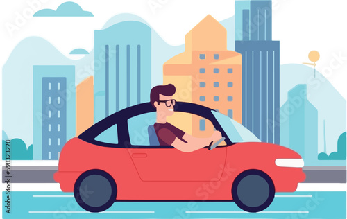 Fototapeta Naklejka Na Ścianę i Meble -  Young man driving a car, driving in sunny weather around the city, flat vector image, isolated background